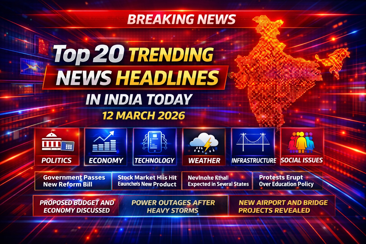 Top 20 trending news headlines in India today 12 March 2026 national updates infographic